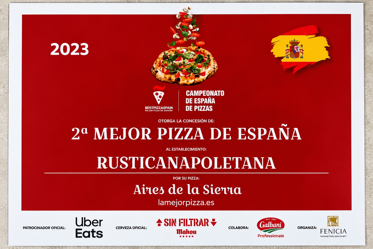 Diploma 2ª Mejor Pizza de España · Aires de la Sierra · Rústica Napoletana