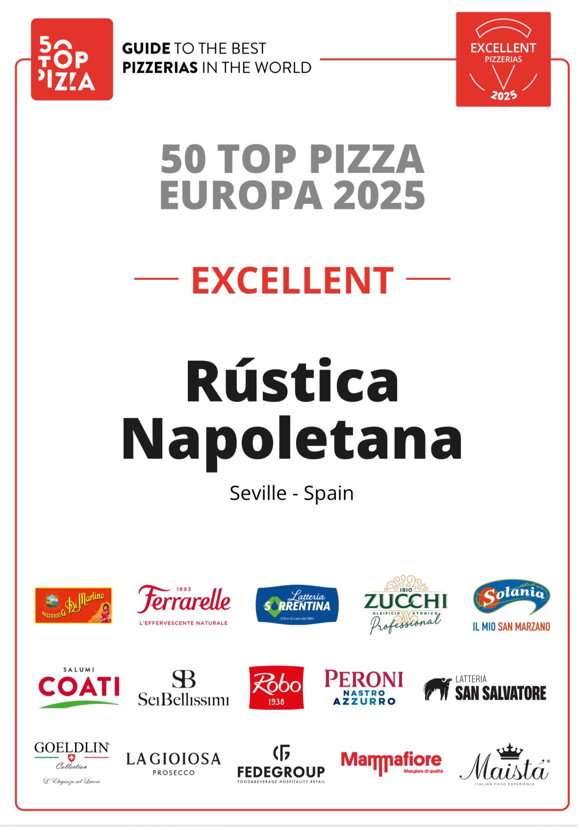 Diploma 50 Top Pizza Europa 2025 · Rústica Napoletana